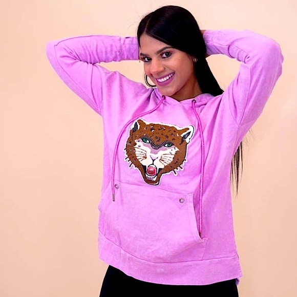 🆕🌿🩷SIMPLY OBSESSED: Pink Hoodie BLING Animal Sweatshirt LARGE - Picture 1 of 4
